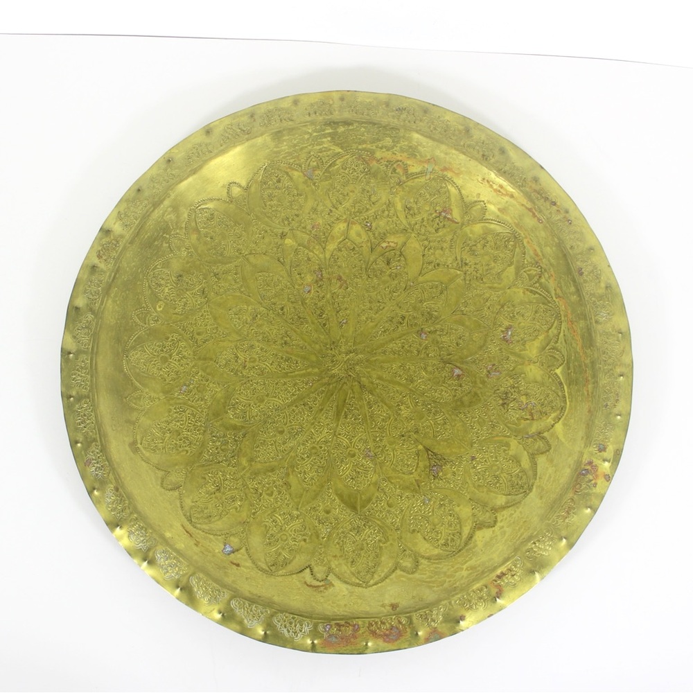 17.5” Extra Large Etched Moroccan Brass Tray, Round Dish Vintage Trinket Plate